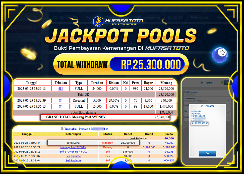 MUFASATOTO JACKPOT POOL SYDNEY Rp.25.300.000 | LUNAS